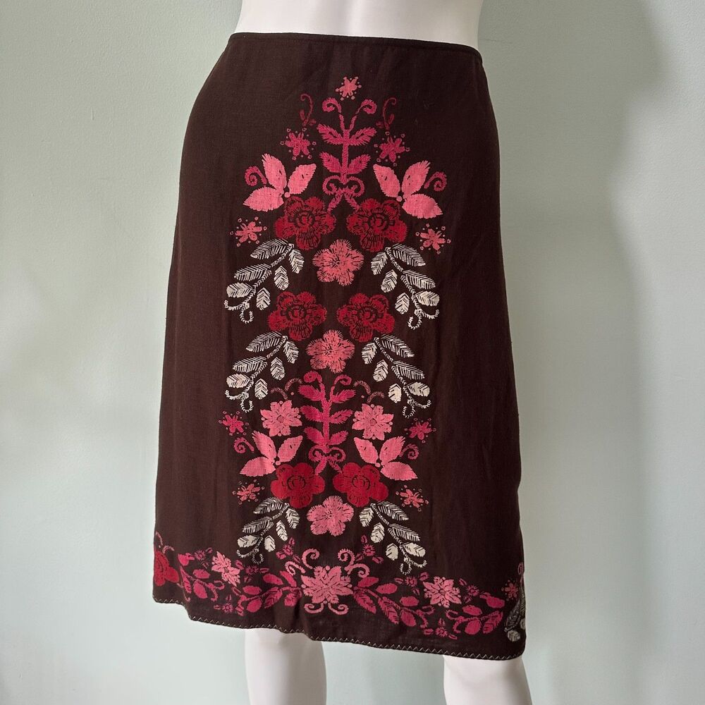 Vintage Floral Embroidered Midi Skirt Brown Pink Bohemian Folk Y2K Linen size 12